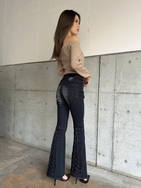 端シャギータイトオフショルニットトップス